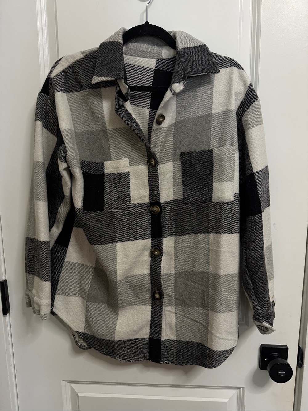 Amazon Black and Gray Plaid Button-Up Cardigan Shacket